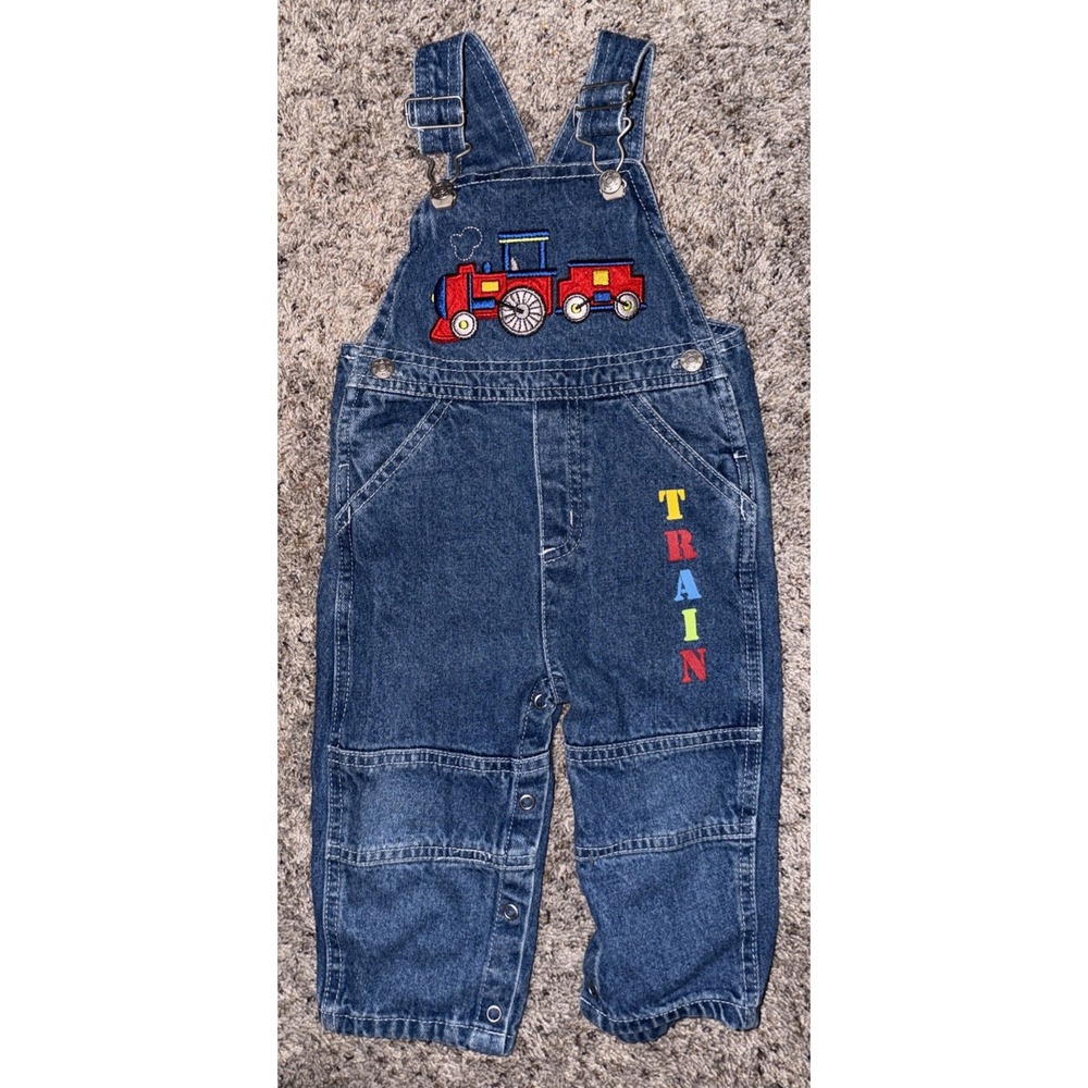Toddler Denim Train Overalls 12 Months Embroidered Locomotive Y2K Blue Jean